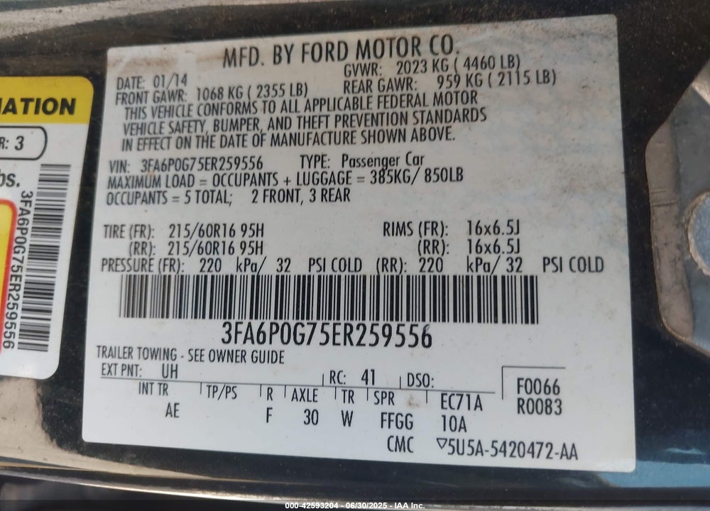 2014 FORD FUSION VIN: 3FA6P0G75ER259556