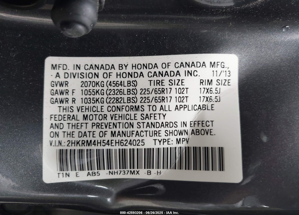 2014 HONDA CR-V EX VIN: 2HKRM4H54EH624025