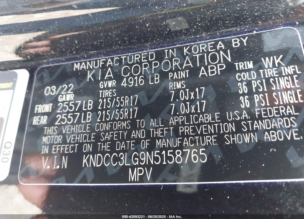 2022 KIA NIRO EV VIN: KNDCC3LG9N5158765