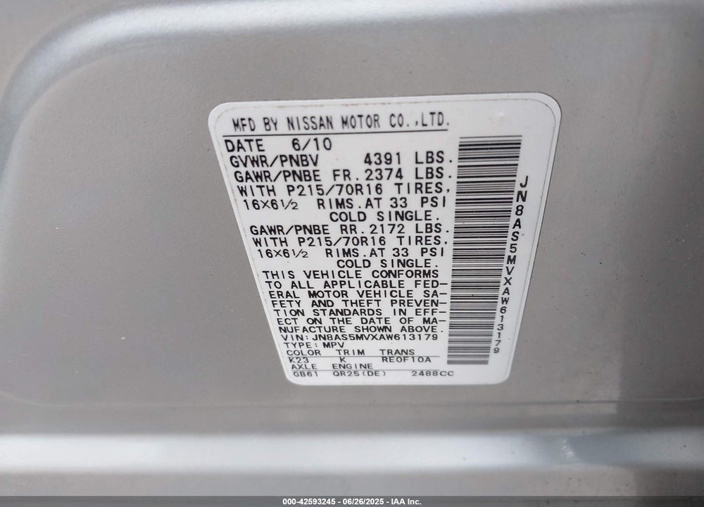 2010 NISSAN ROGUE VIN: JN8AS5MVXAW613179