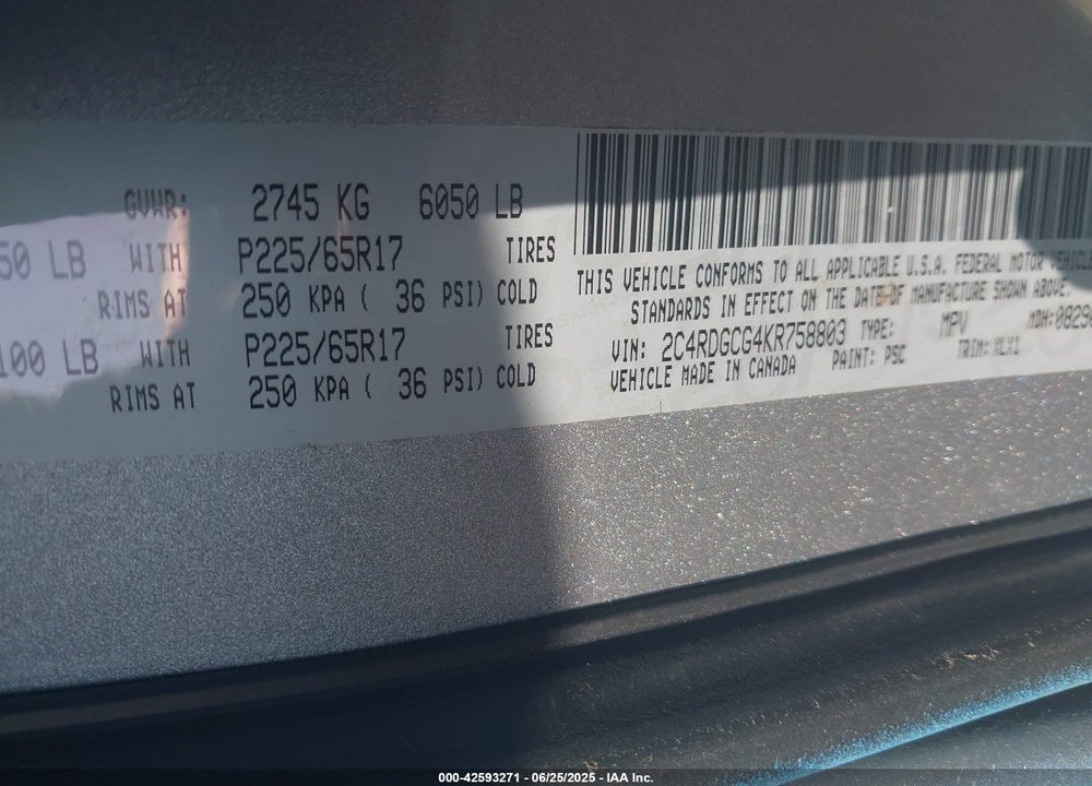 2019 DODGE GRAND CARAVAN SXT VIN: 2C4RDGCG4KR758803