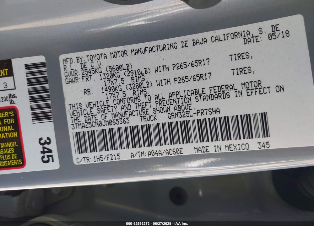 2018 TOYOTA TACOMA VIN: 3TMAZ5CN0JM065363