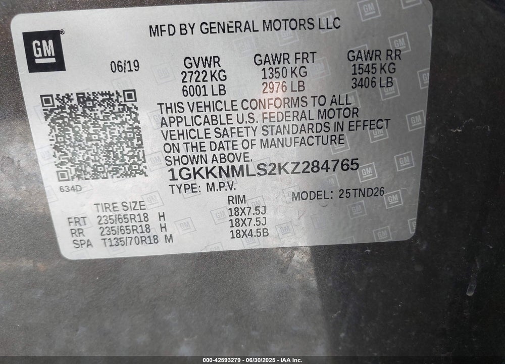2019 GMC ACADIA VIN: 1GKKNMLS2KZ284765