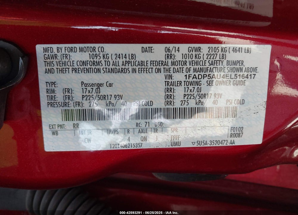 2014 FORD C-MAX HYBRID VIN: 1FADP5AU4EL516417