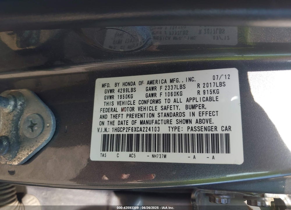 2012 HONDA ACCORD VIN: 1HGCP2F6XCA224103