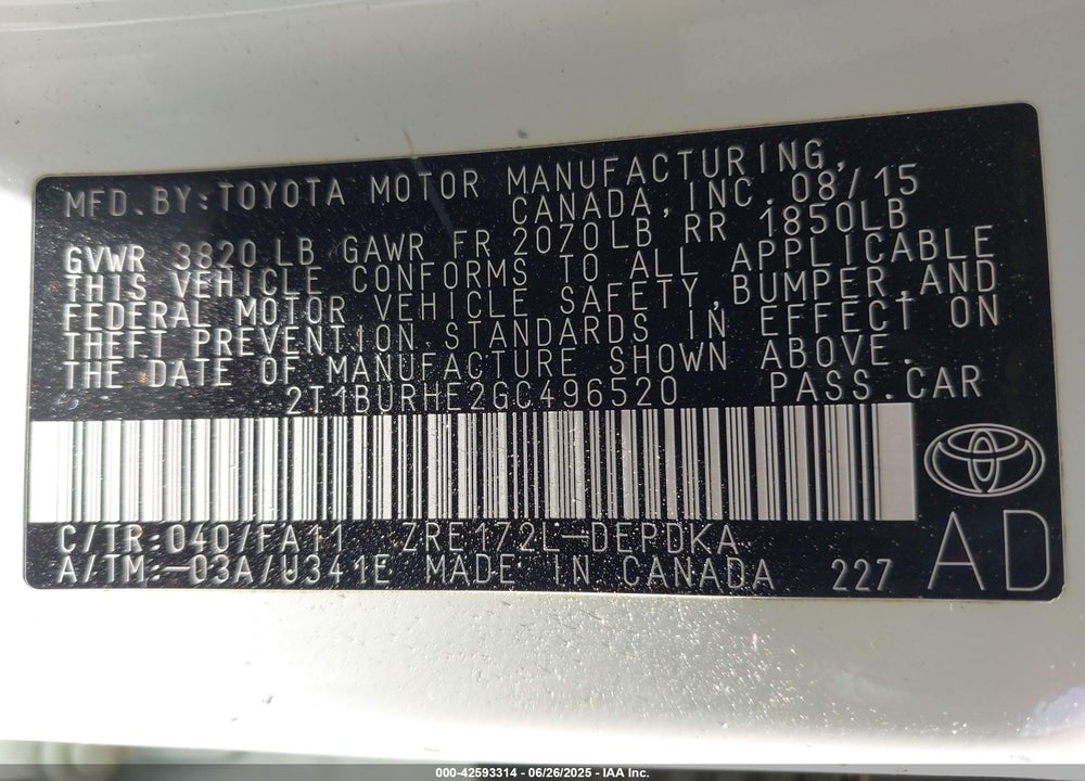 2016 TOYOTA COROLLA L VIN: 2T1BURHE2GC496520
