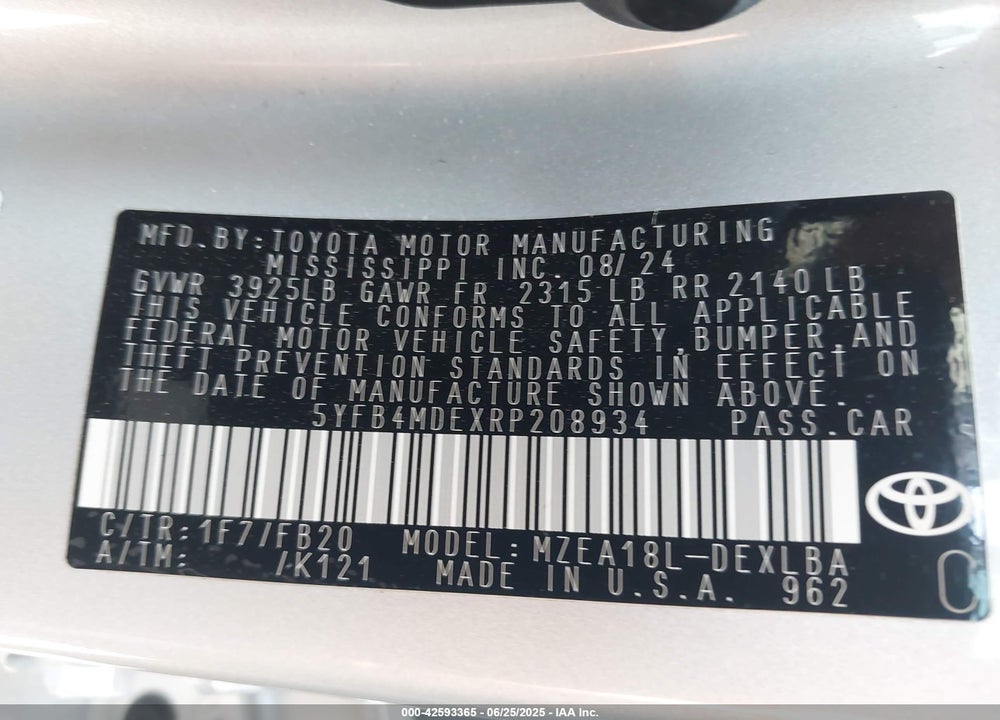 2024 TOYOTA COROLLA LE VIN: 5YFB4MDEXRP208934