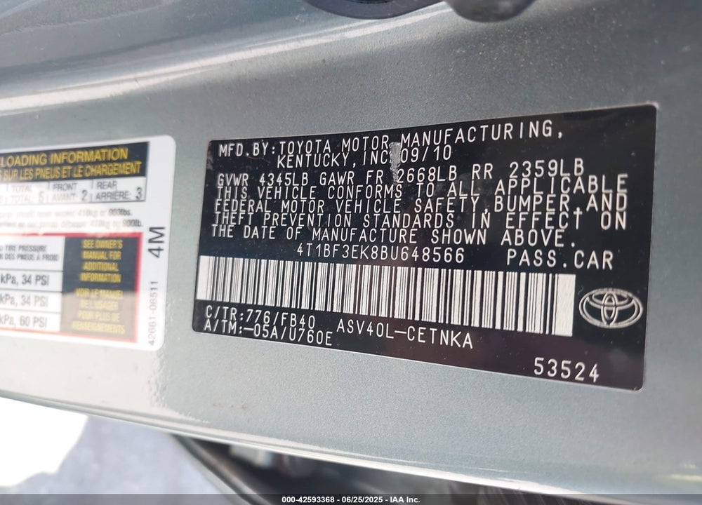 2011 TOYOTA CAMRY VIN: 4T1BF3EK8BU648566
