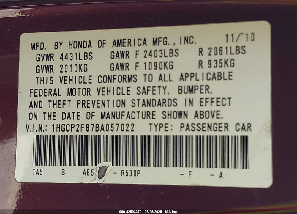 2011 HONDA ACCORD 2.4 EX-L VIN: 1HGCP2F87BA057022