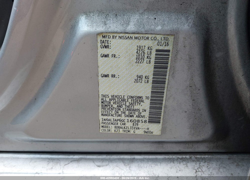 2016 NISSAN ALTIMA VIN: 1N4AL3AP6GC160858
