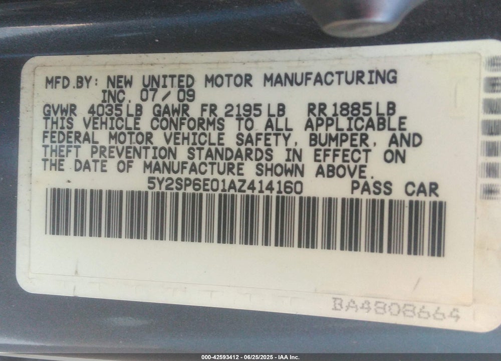 2010 PONTIAC VIBE VIN: 5Y2SP6E01AZ414160