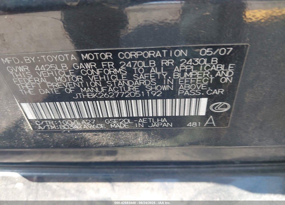 2007 LEXUS IS 250 VIN: JTHBK262772051192