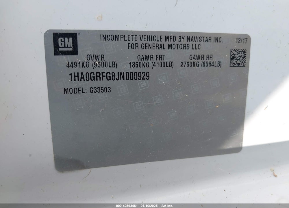 2018 CHEVROLET EXPRESS CUTAWAY WORK VAN VIN: 1HA0GRFG8JN000929