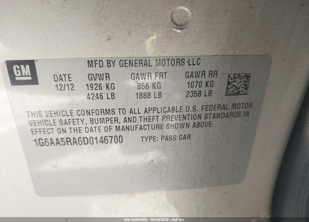 2013 CADILLAC ATS VIN: 1G6AA5RA6D0146700