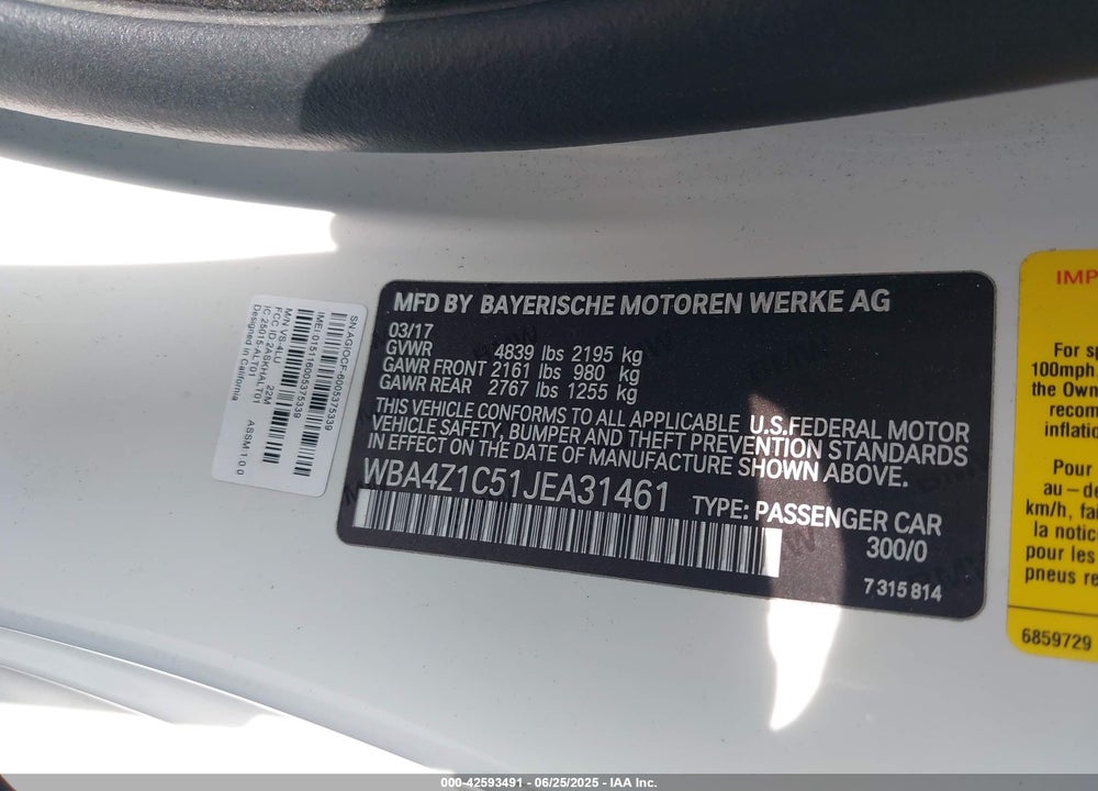 2018 BMW 4 SERIES VIN: WBA4Z1C51JEA31461