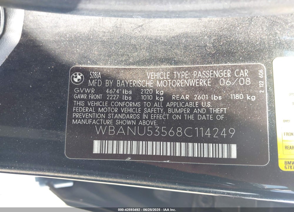 2008 BMW 5 SERIES VIN: WBANU53568C114249