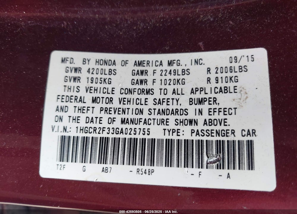 2016 HONDA ACCORD VIN: 1HGCR2F33GA025755