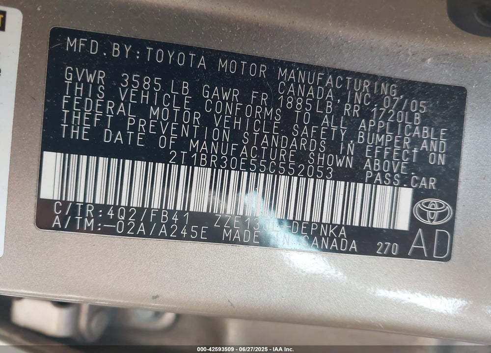 2005 TOYOTA COROLLA LE VIN: 2T1BR30E55C552053