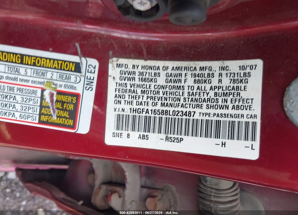 2008 HONDA CIVIC VIN: 1HGFA16588L023487