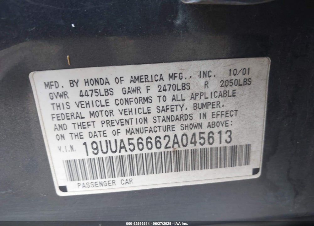 2002 ACURA TL 3.2 VIN: 19UUA56662A045613