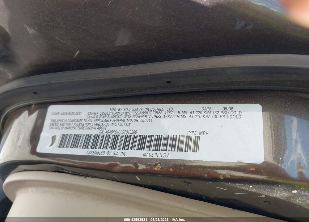 2009 SUBARU OUTBACK 2.5I VIN: 4S4BP61C097313260