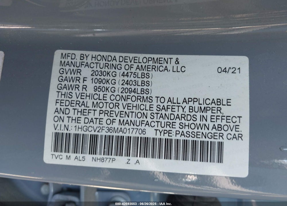 2021 HONDA ACCORD VIN: 1HGCV2F36MA017706