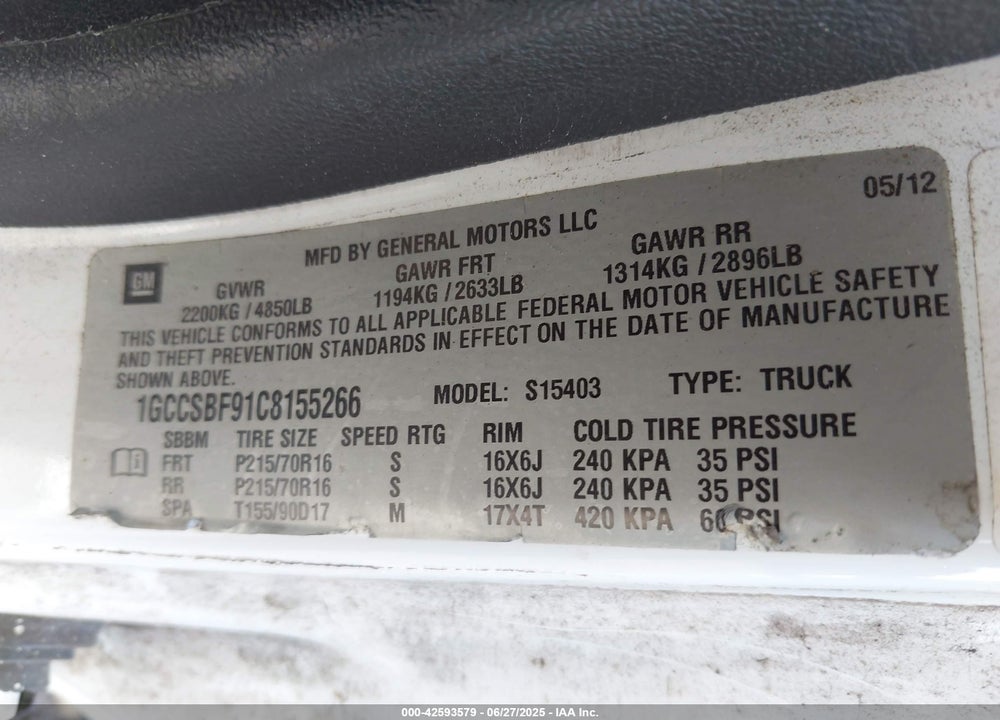 2012 CHEVROLET COLORADO WORK TRUCK VIN: 1GCCSBF91C8155266