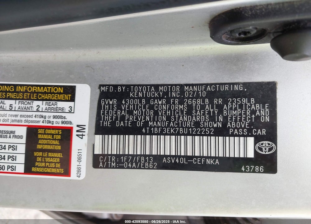 2011 TOYOTA CAMRY VIN: 4T1BF3EK7BU122252