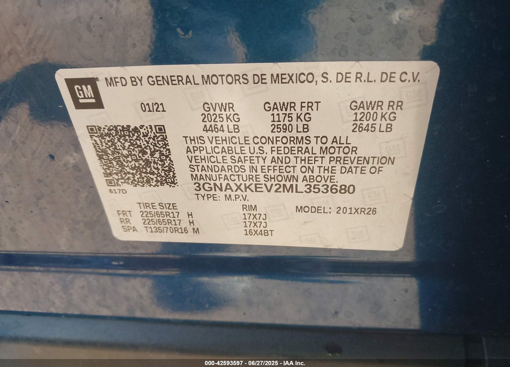 2021 CHEVROLET EQUINOX VIN: 3GNAXKEV2ML353680