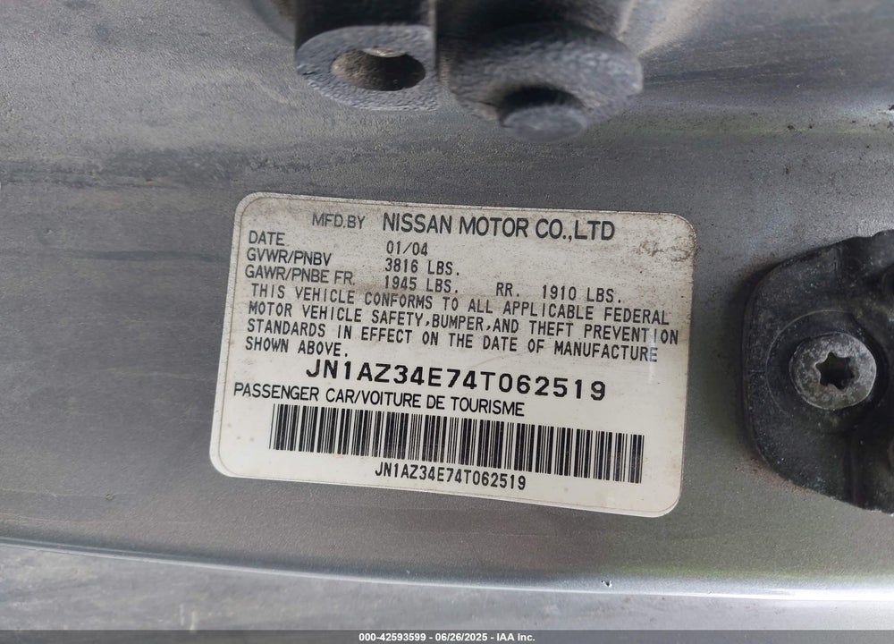 2004 NISSAN 350Z VIN: JN1AZ34E74T062519