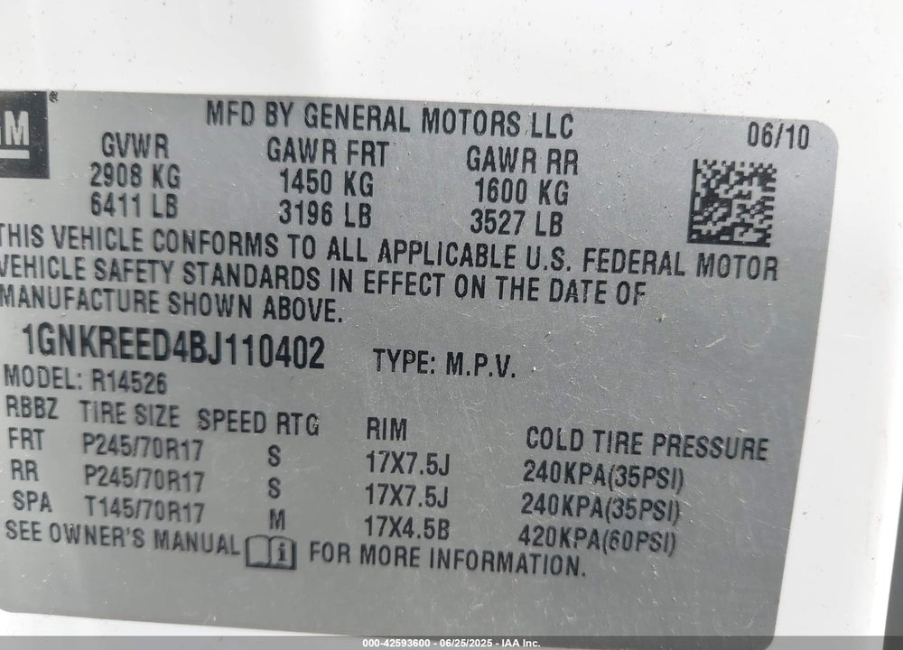 2011 CHEVROLET TRAVERSE VIN: 1GNKREED4BJ110402