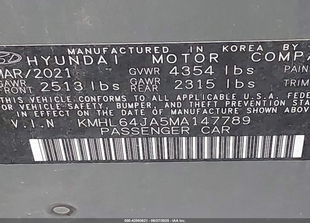 2021 HYUNDAI SONATA VIN: KMHL64JA5MA147789