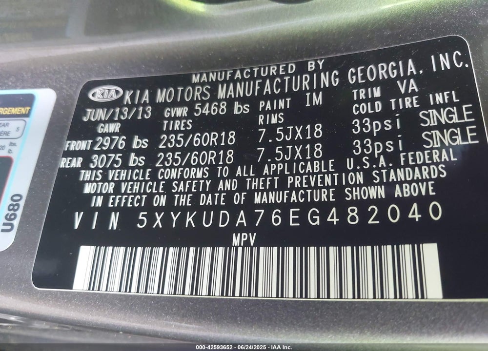 2014 KIA SORENTO VIN: 5XYKUDA76EG482040