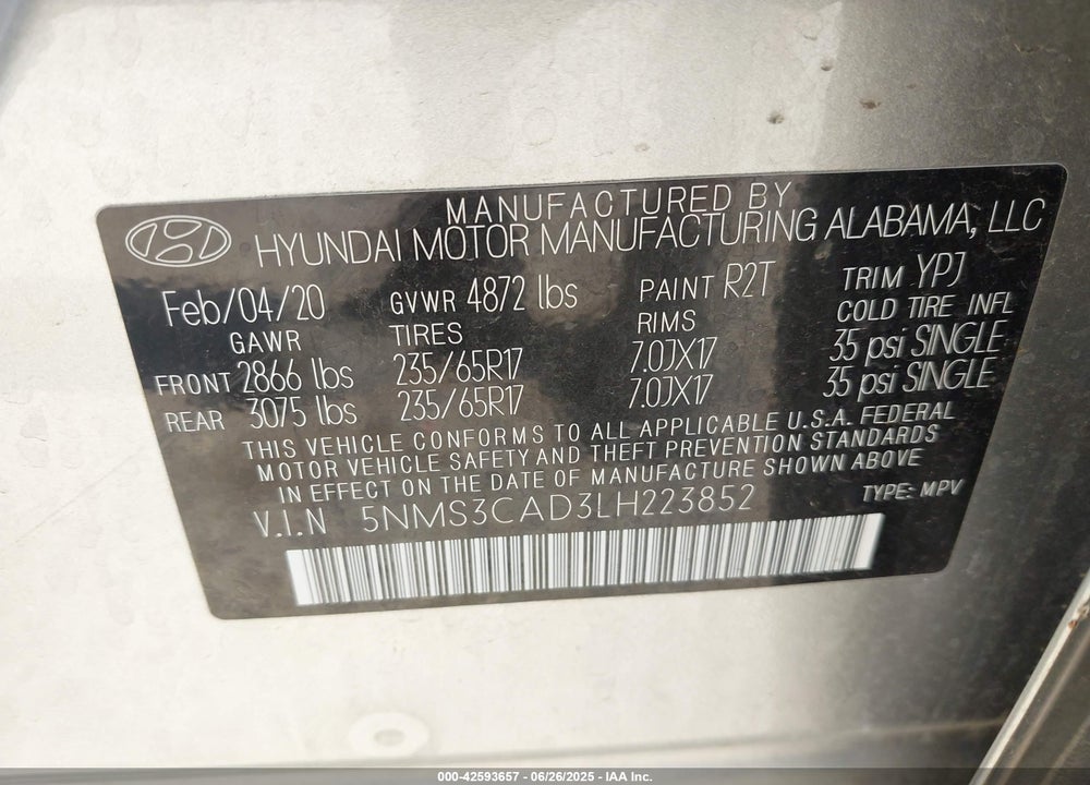 2020 HYUNDAI SANTA FE VIN: 5NMS3CAD3LH223852