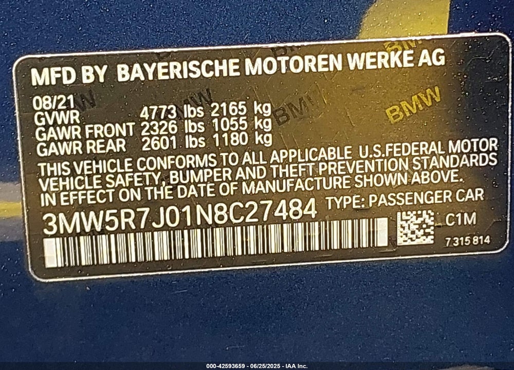 2022 BMW 3 SERIES VIN: 3MW5R7J01N8C27484