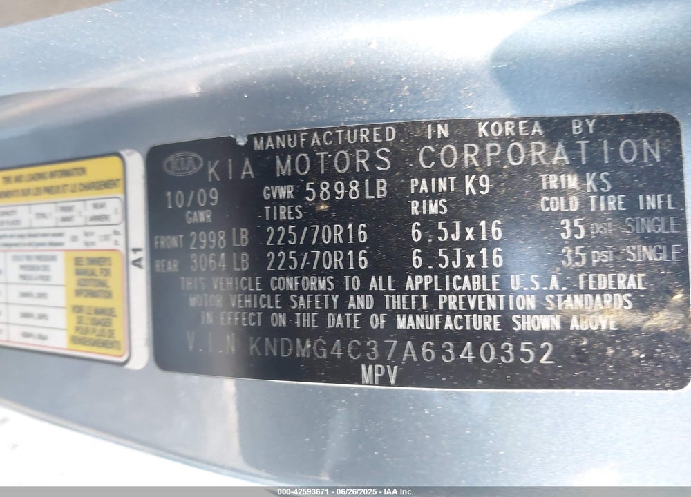 2010 KIA SEDONA VIN: KNDMG4C37A6340352