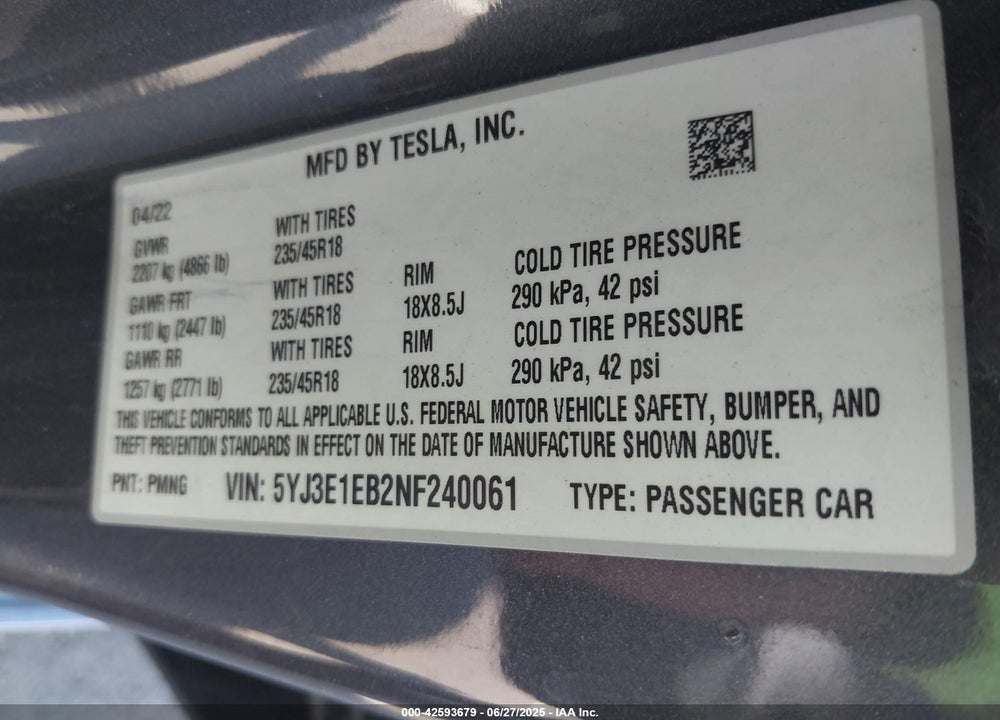 2022 TESLA MODEL 3 LONG RANGE DUAL MOTOR ALL-WHEEL DRIVE VIN: 5YJ3E1EB2NF240061