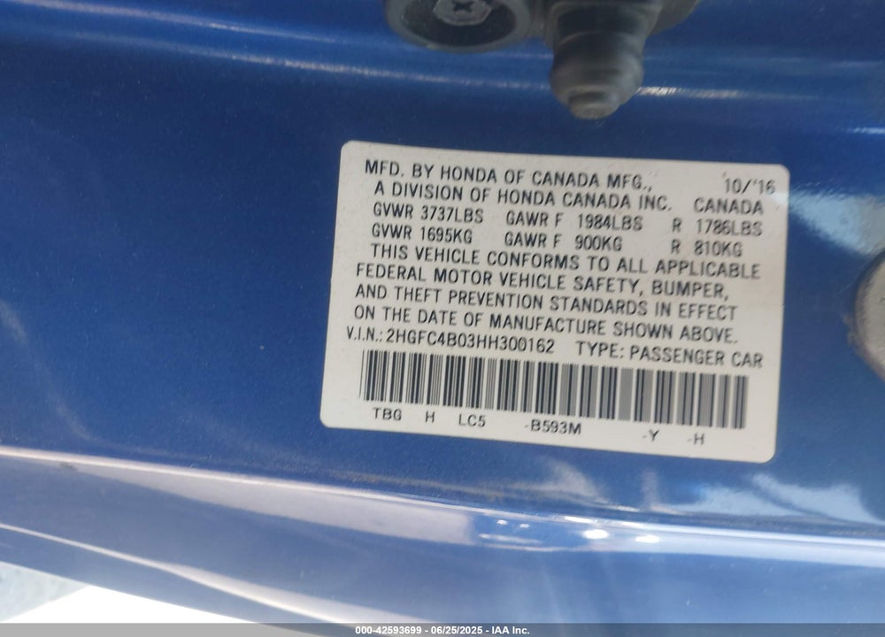 2017 HONDA CIVIC LX-P VIN: 2HGFC4B03HH300162