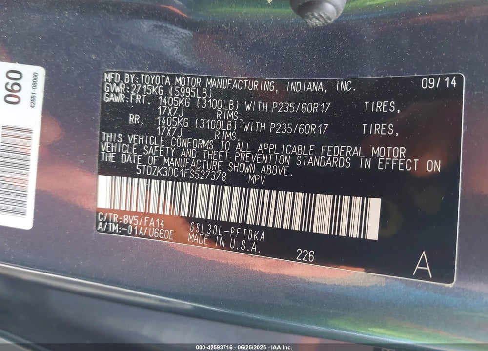 2015 TOYOTA SIENNA L 7 PASSENGER VIN: 5TDZK3DC1FS527378