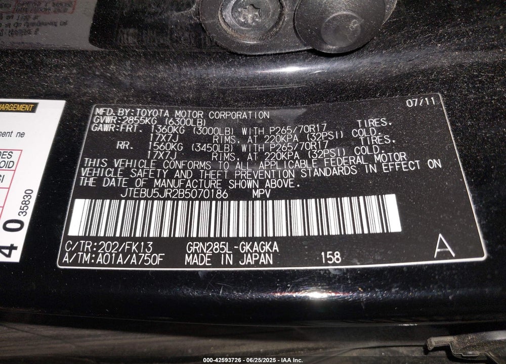 2011 TOYOTA 4RUNNER VIN: JTEBU5JR2B5070186