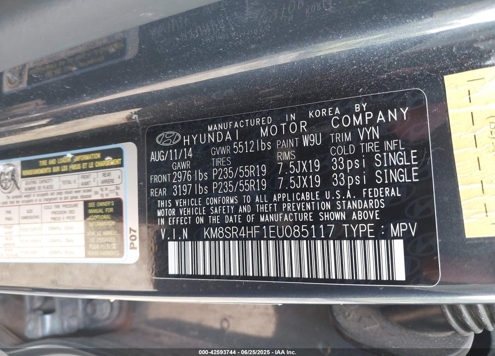 2014 HYUNDAI SANTA FE LIMITED VIN: KM8SR4HF1EU085117
