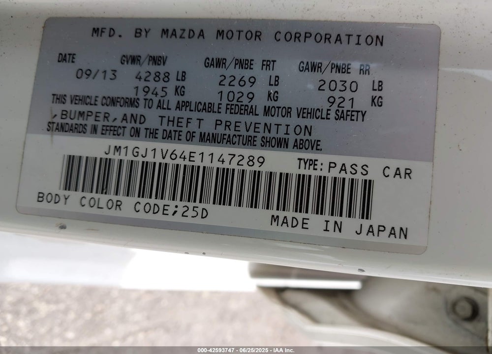 2014 MAZDA MAZDA6 VIN: JM1GJ1V64E1147289