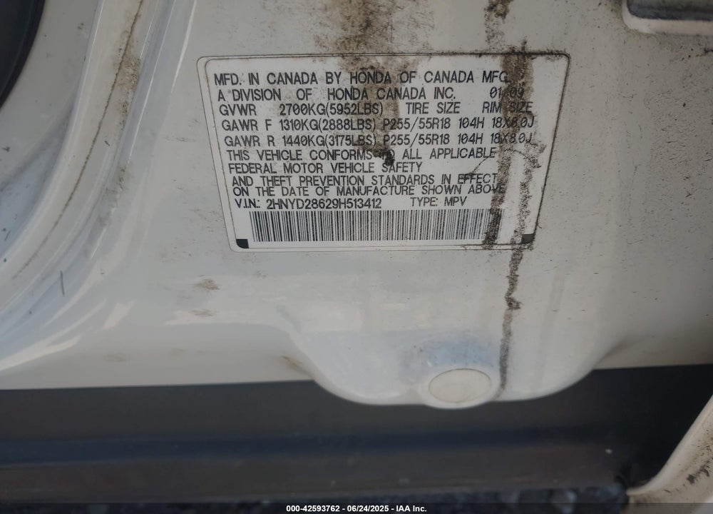 2009 ACURA MDX VIN: 2HNYD28629H513412