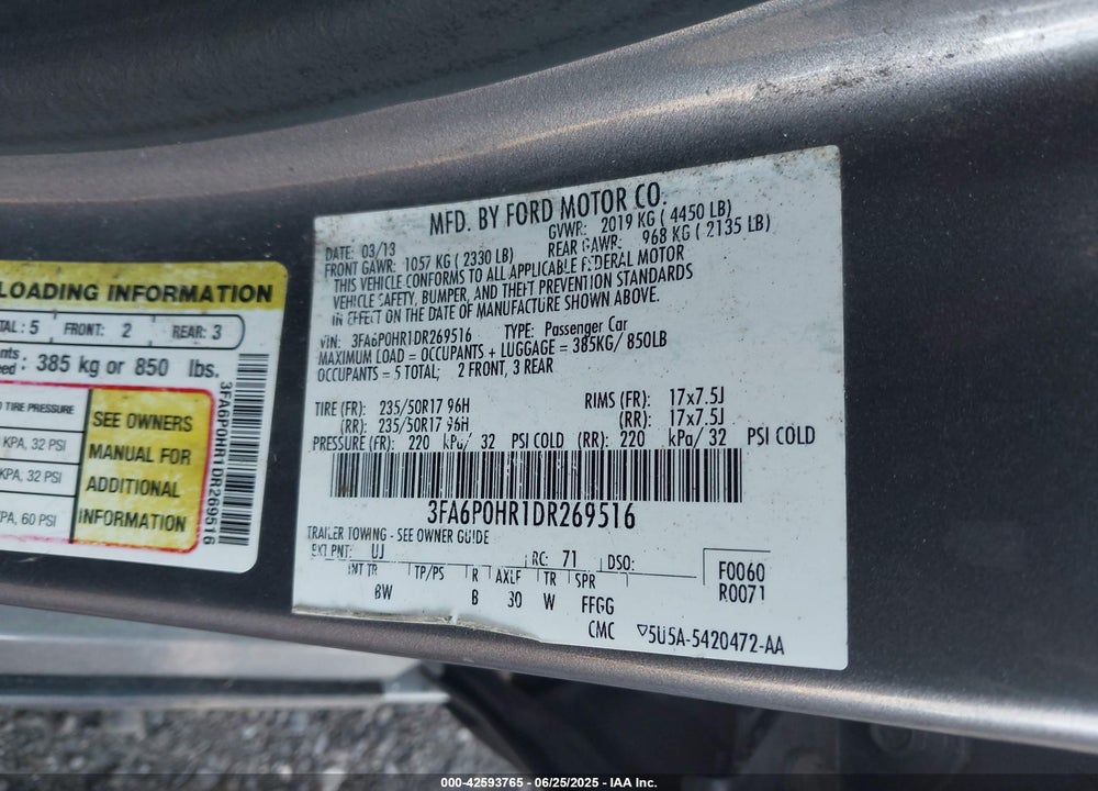 2013 FORD FUSION VIN: 3FA6P0HR1DR269516