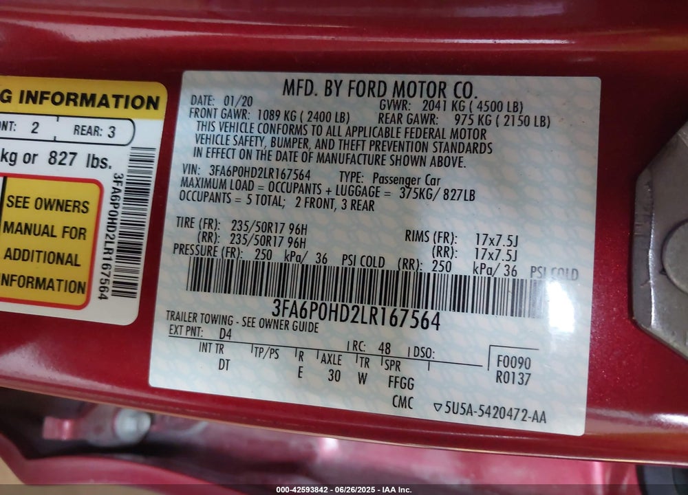 2020 FORD FUSION VIN: 3FA6P0HD2LR167564