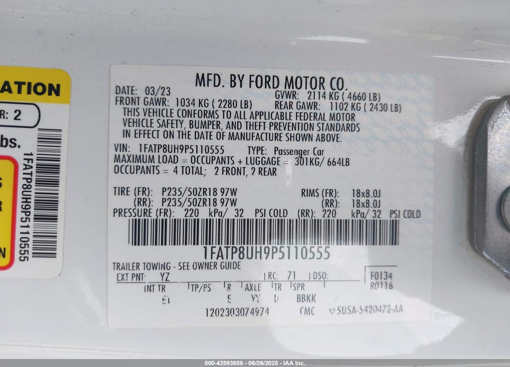 2023 FORD MUSTANG VIN: 1FATP8UH9P5110555