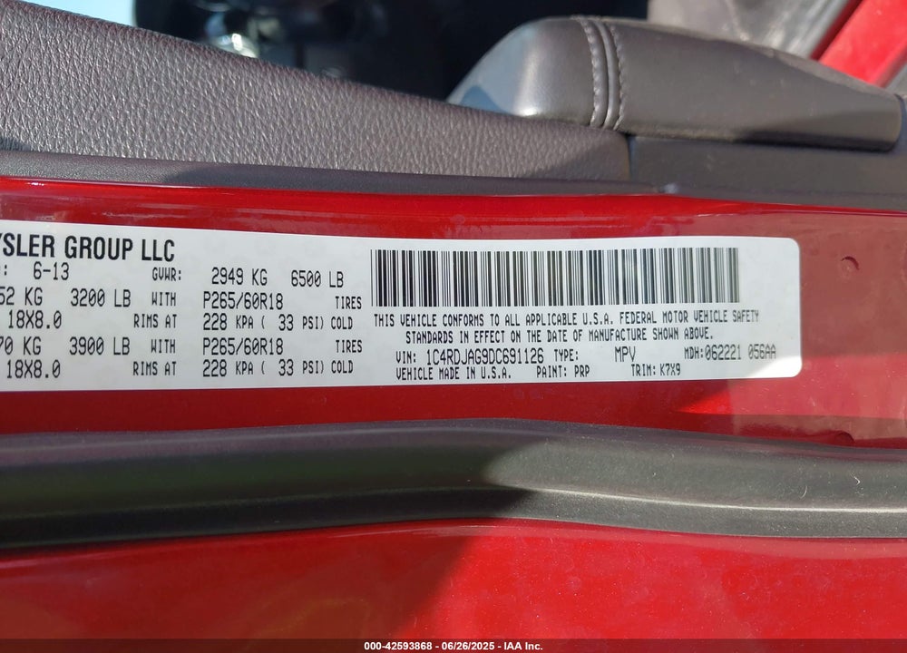 2013 DODGE DURANGO SXT VIN: 1C4RDJAG9DC691126