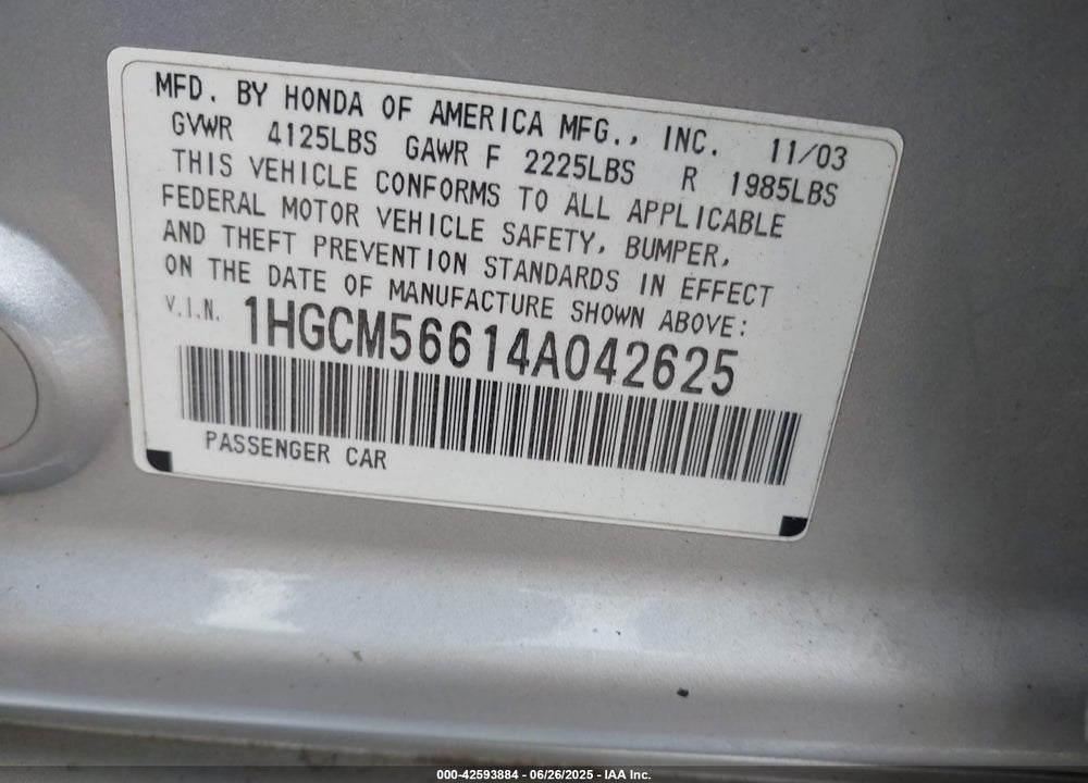 2004 HONDA ACCORD 2.4 EX VIN: 1HGCM56614A042625