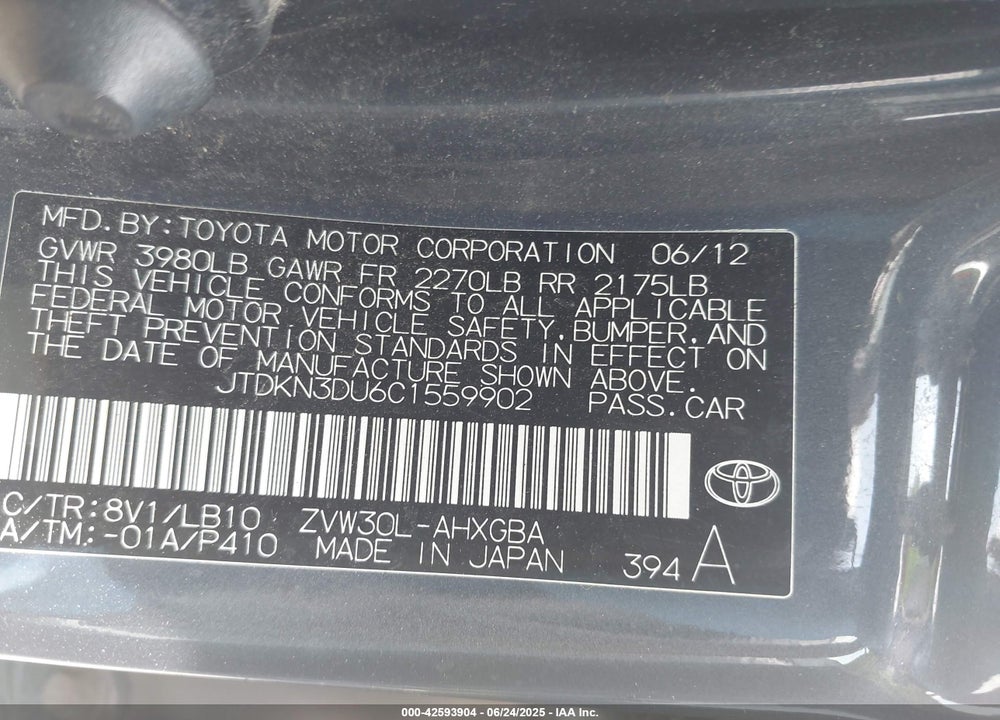 2012 TOYOTA PRIUS VIN: JTDKN3DU6C1559902