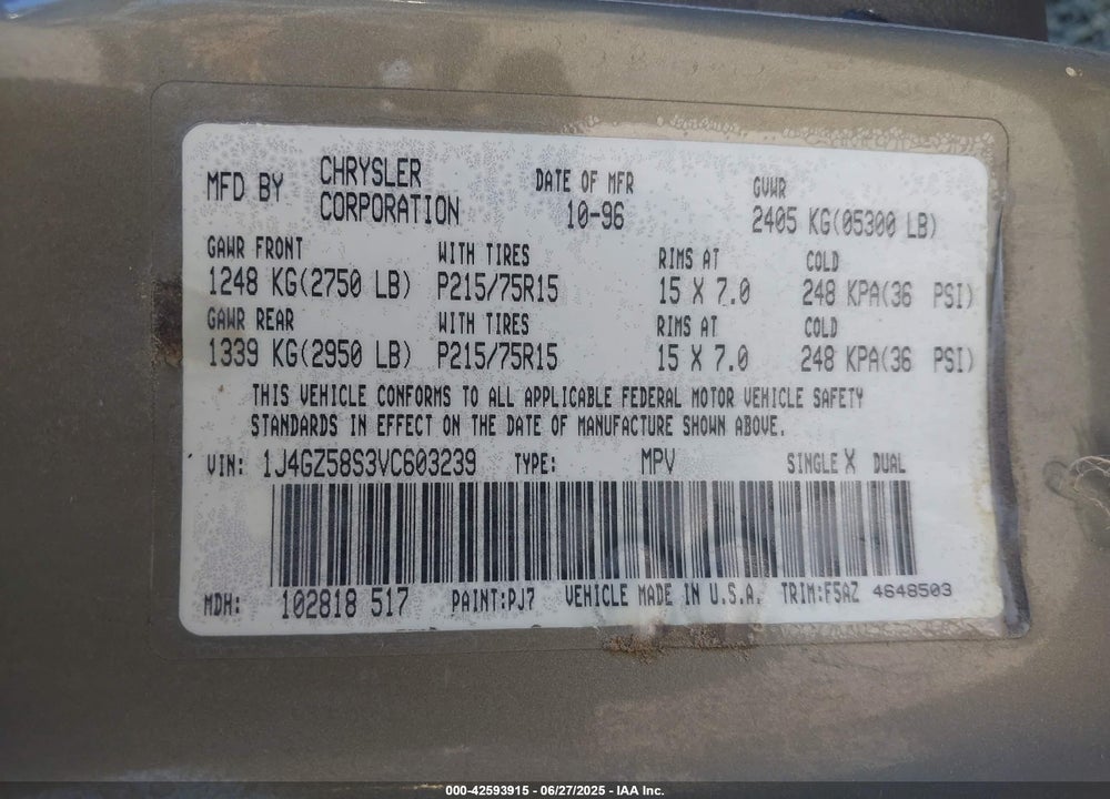 1997 JEEP GRAND CHEROKEE LAREDO/TSI VIN: 1J4GZ58S3VC603239